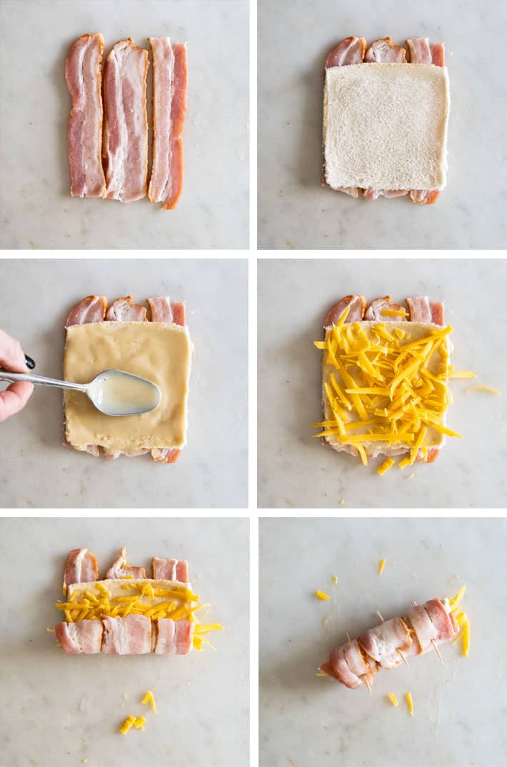 Crispy, salty bacon wrapped around gooey cheese filled bread. THE holiday appetizer. Step by step photos of the assembly of bacon wrap appetizers.