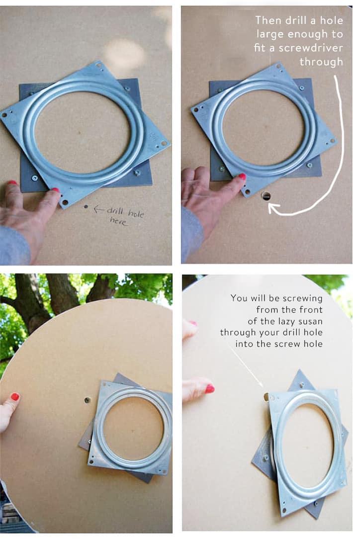 How to DIY a custom Lazy Susan for your cupboards. Drilling an access hole through MDF that's large enough to fit a screwdriver through.
