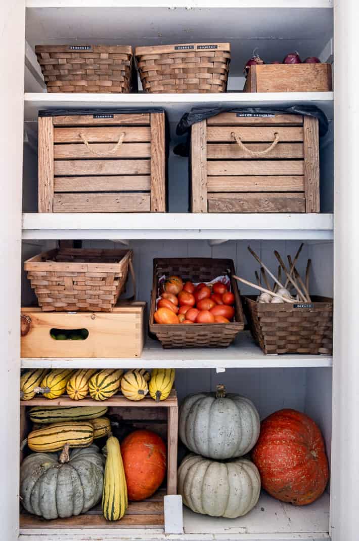 Pantry filled with garden vegetables for storage.