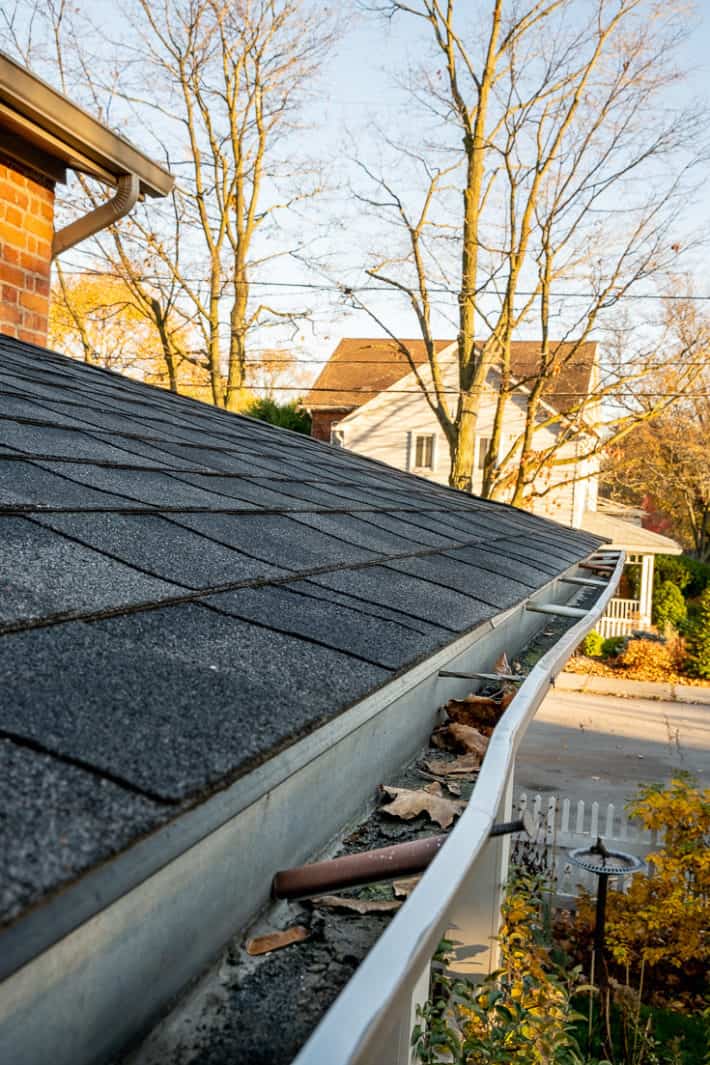 Roof gutter with loose, old spikes that are falling out.