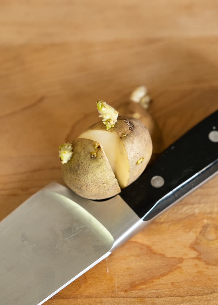 A seed potato cut in half with 3 eyes on each side.