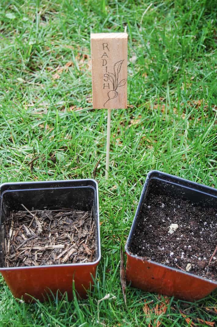 Two pots side by side on the grass, one with compost and one with potting soil.