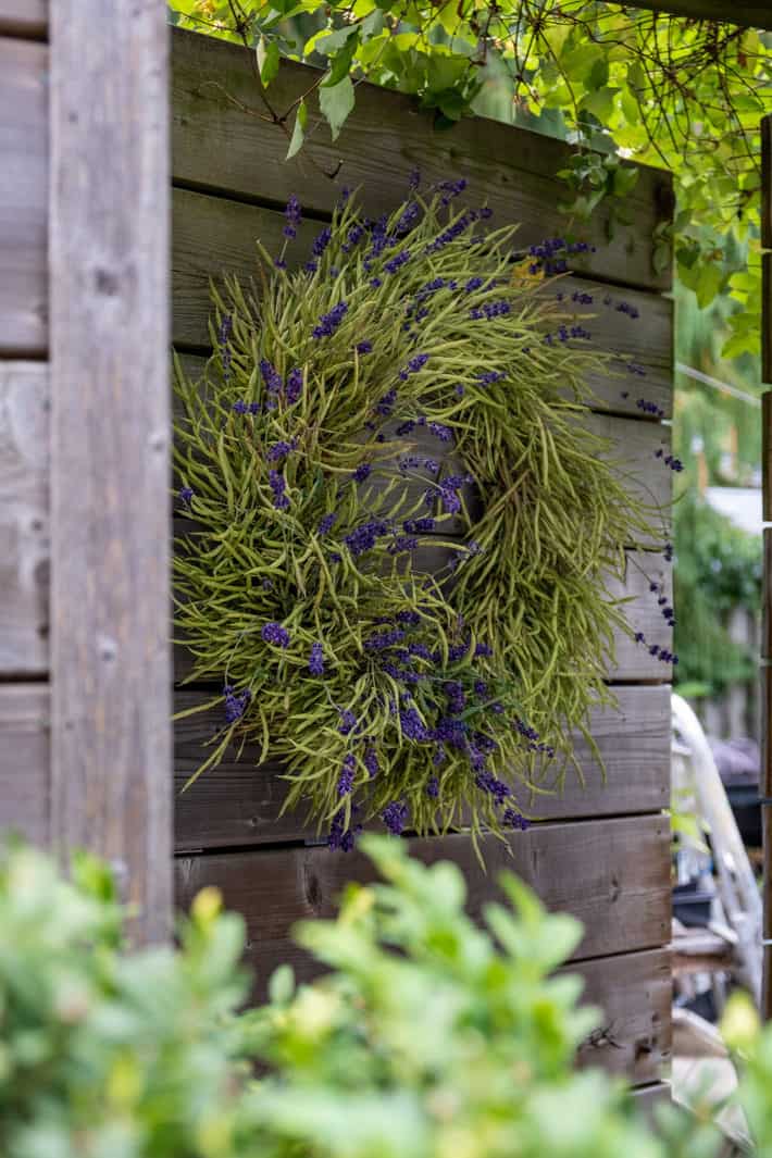 A DIY wreath made of kale seed pods and sprigs of lavender.