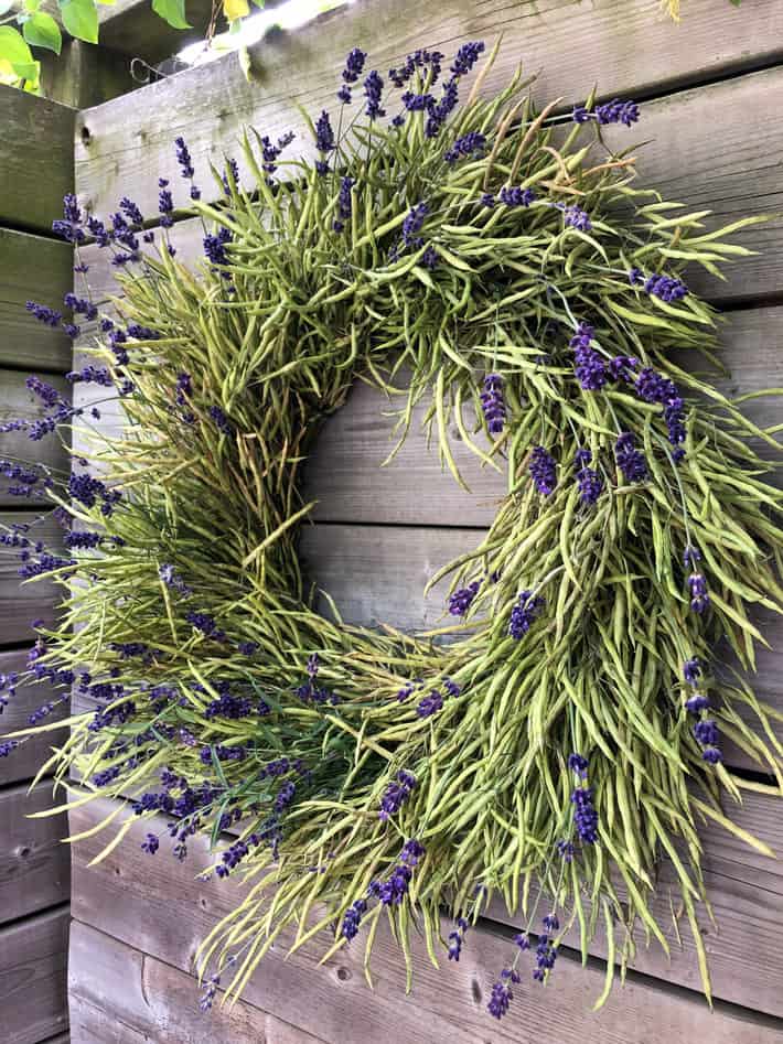 A 12" green wreath made entirely out of kale seed pods with sprigs of fresh lavender.