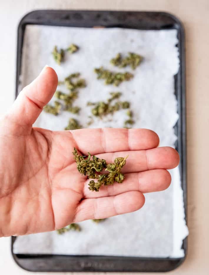 A bud of decarboxylated cannabis held in palm of hand.