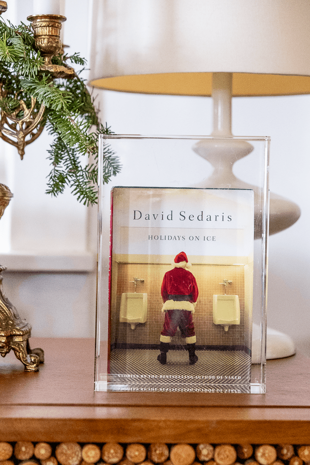 David Sedaris Holidays on Ice book behind glass block