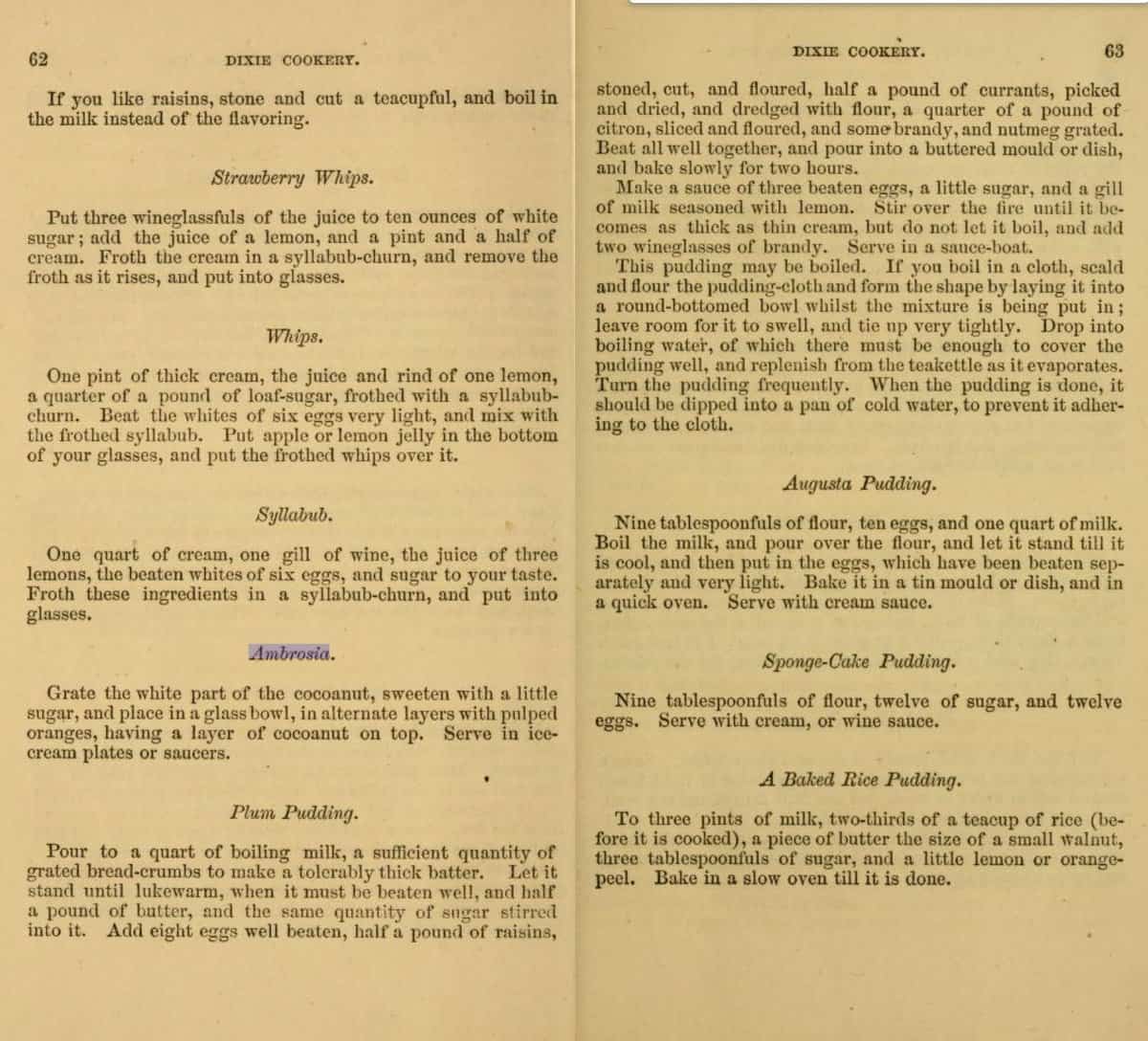 Original recipe for Ambrosia in the Dixie Cookery cookbook.