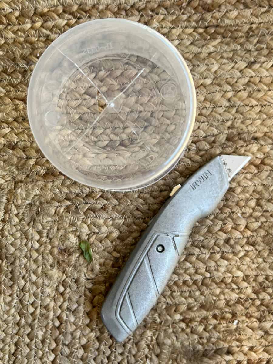 Deli container with an X cut into it and a box cutter laying beside.