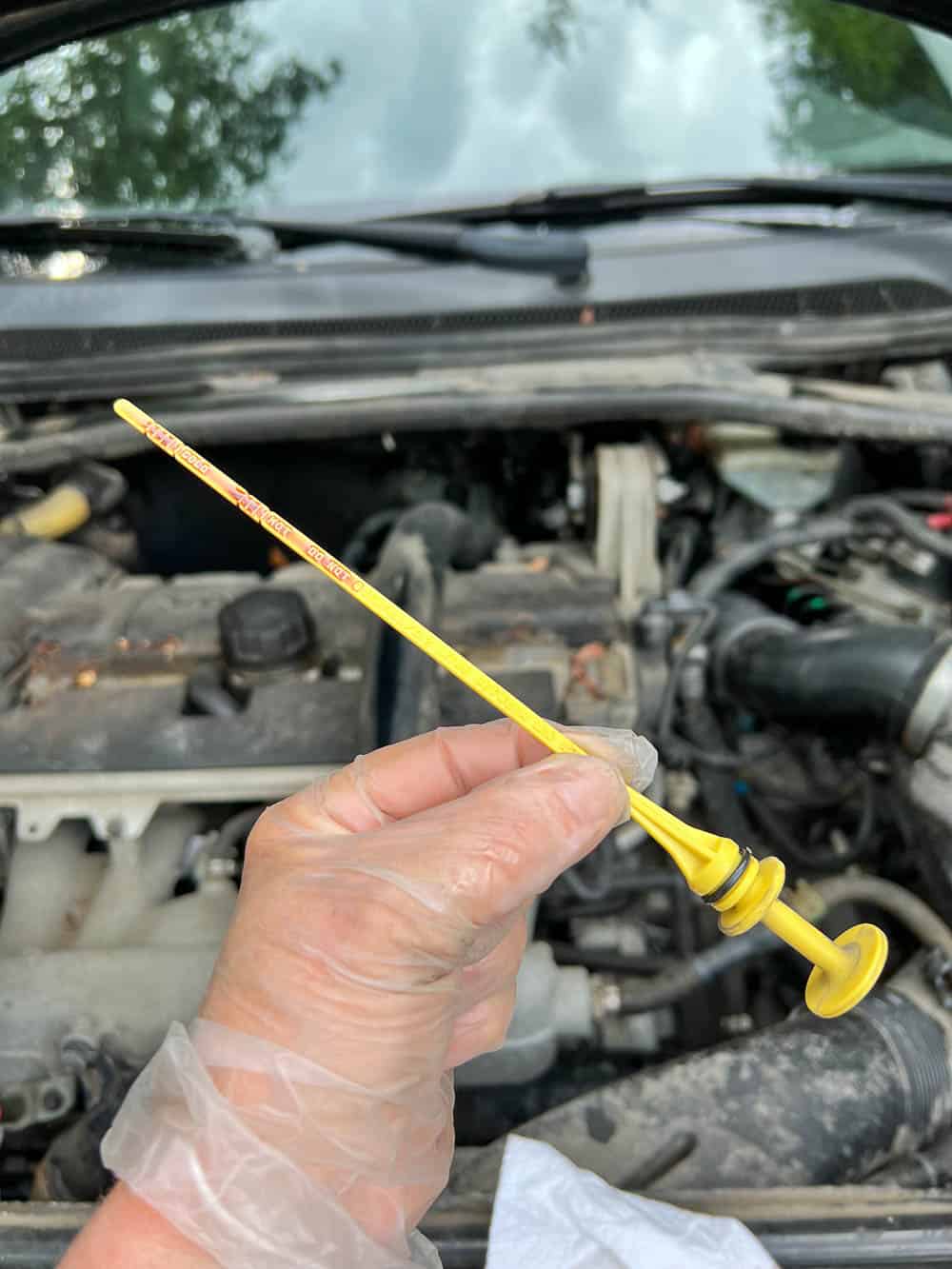 Hand holding up yellow transmission fluid dipstick prior to wiping it off.