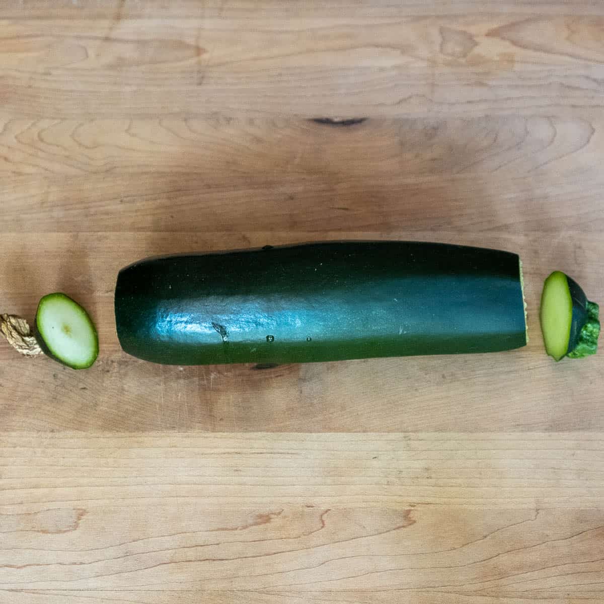 Zucchini with the ends cut off.