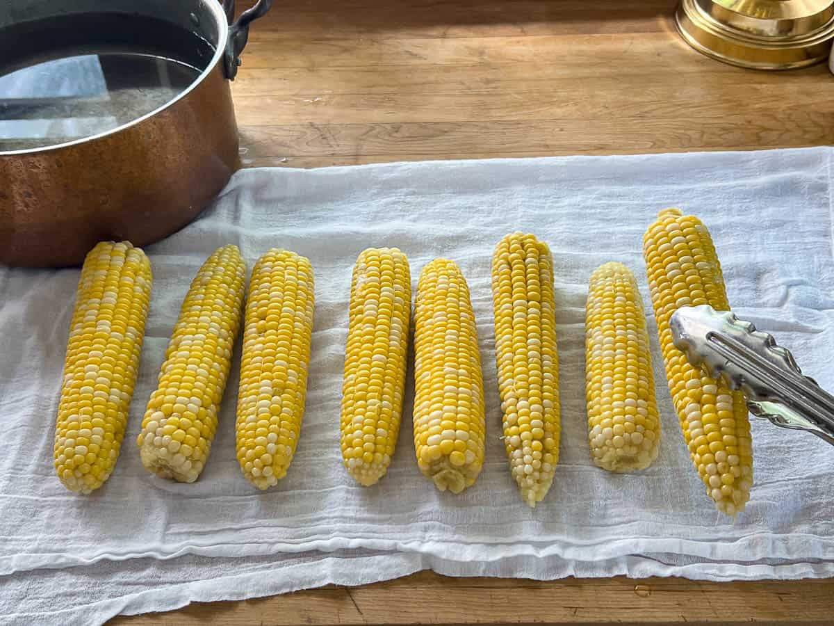 Corn on the cob being laid out to dry on dish cloth.