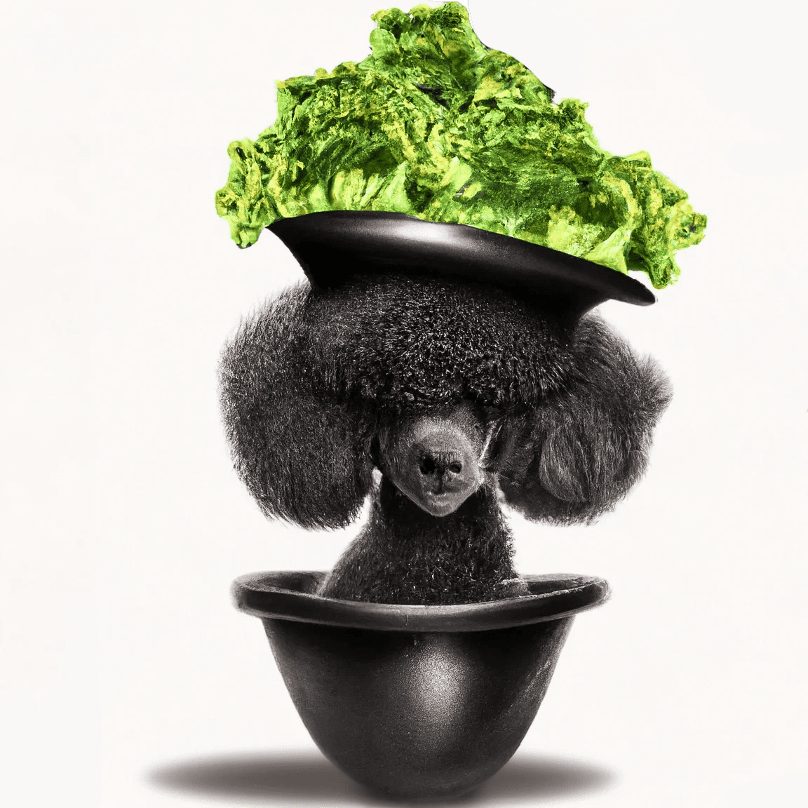 AI generated digital image of a black poodle wearing a salad as a hat.