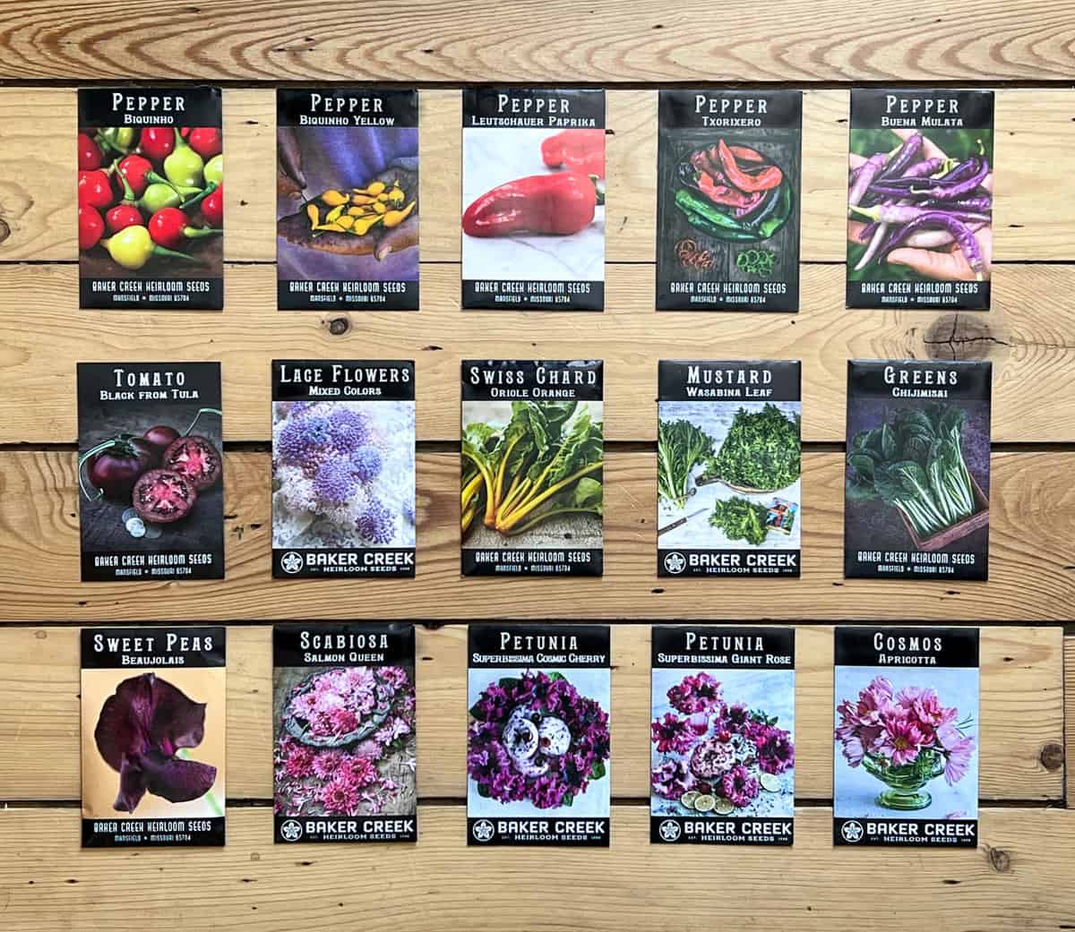 Various heirloom seed packets from Baker Creek Seeds.