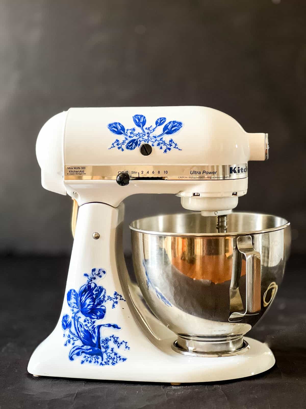 Blue and white decal on stand mixer.