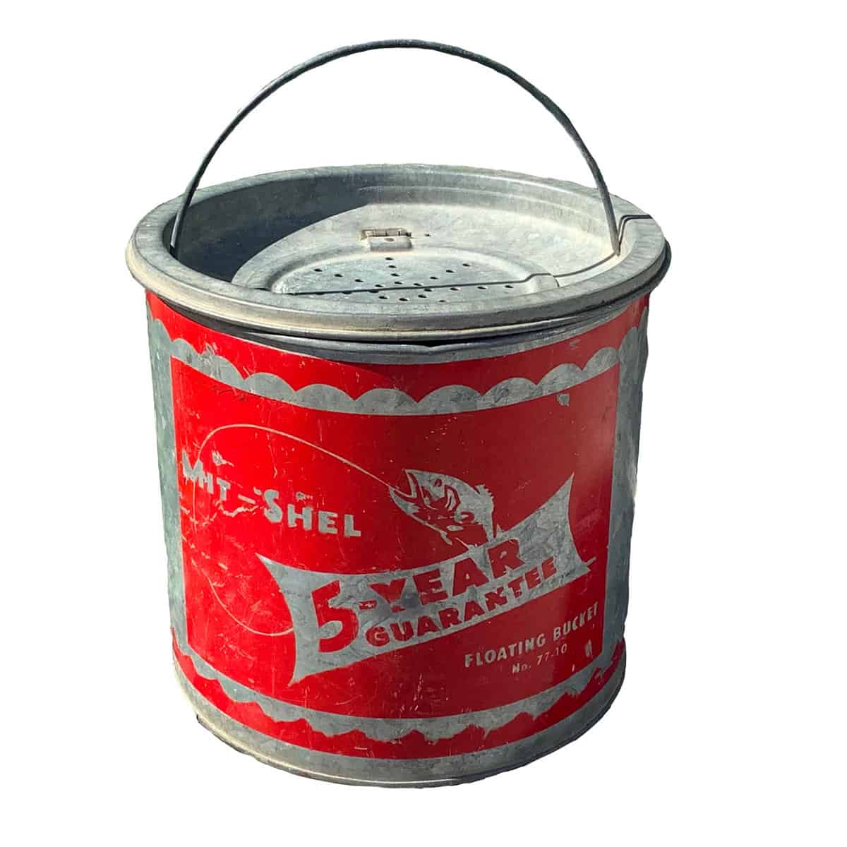 Vintage minnow bucket with red painted label.