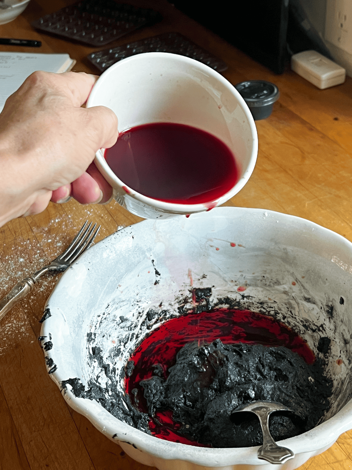 Dog biscuit dough with beet juice.