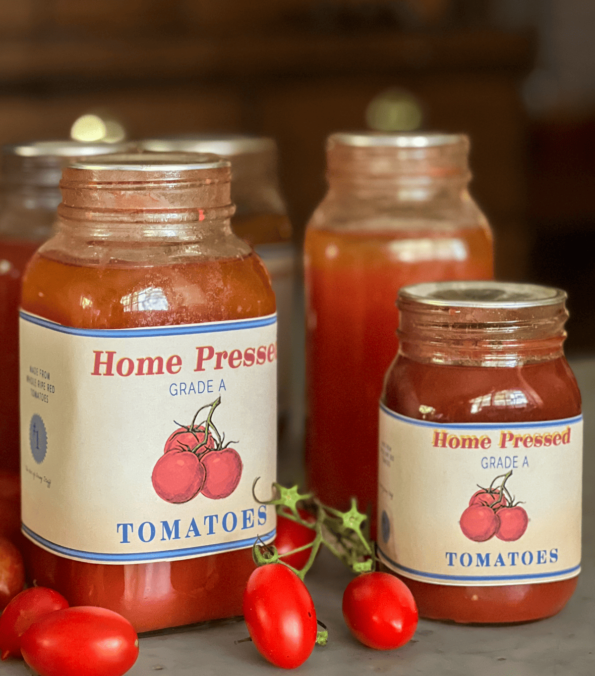 Home canned tomatoes with a vintage look label.