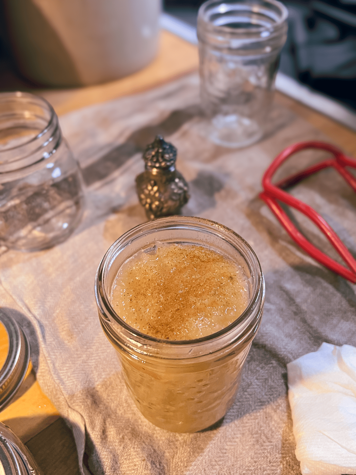 250 ml mason jar filled with applesauce, topped with cinnamon.