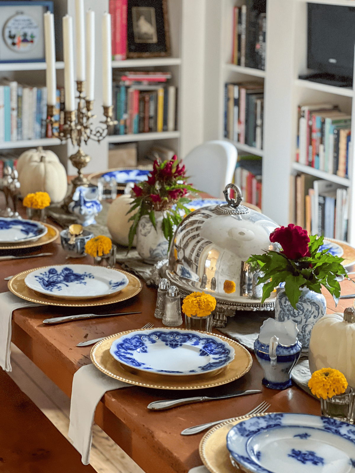 Thanksgiving dinner table setting with flow blue.