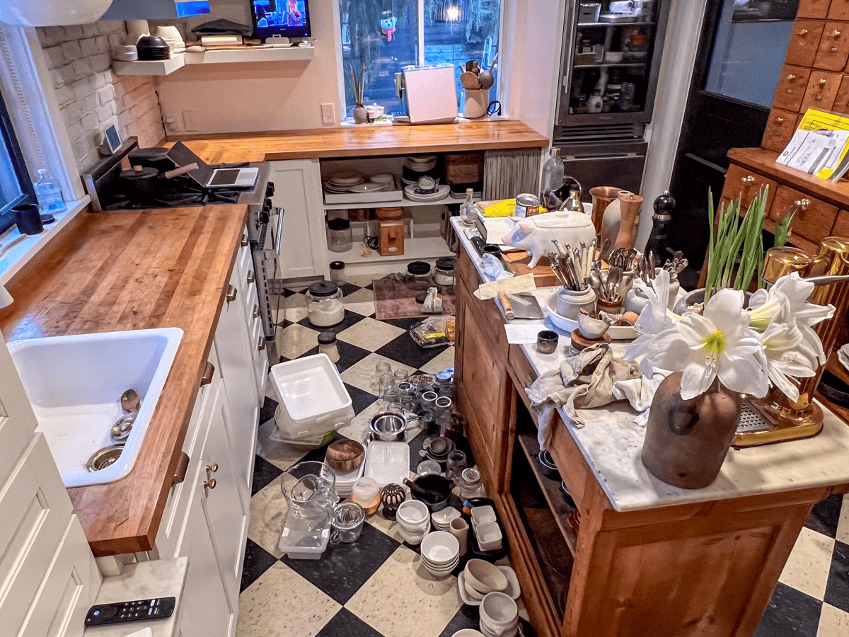 Farmhouse style kitchen in the middle of an organizational makeover.