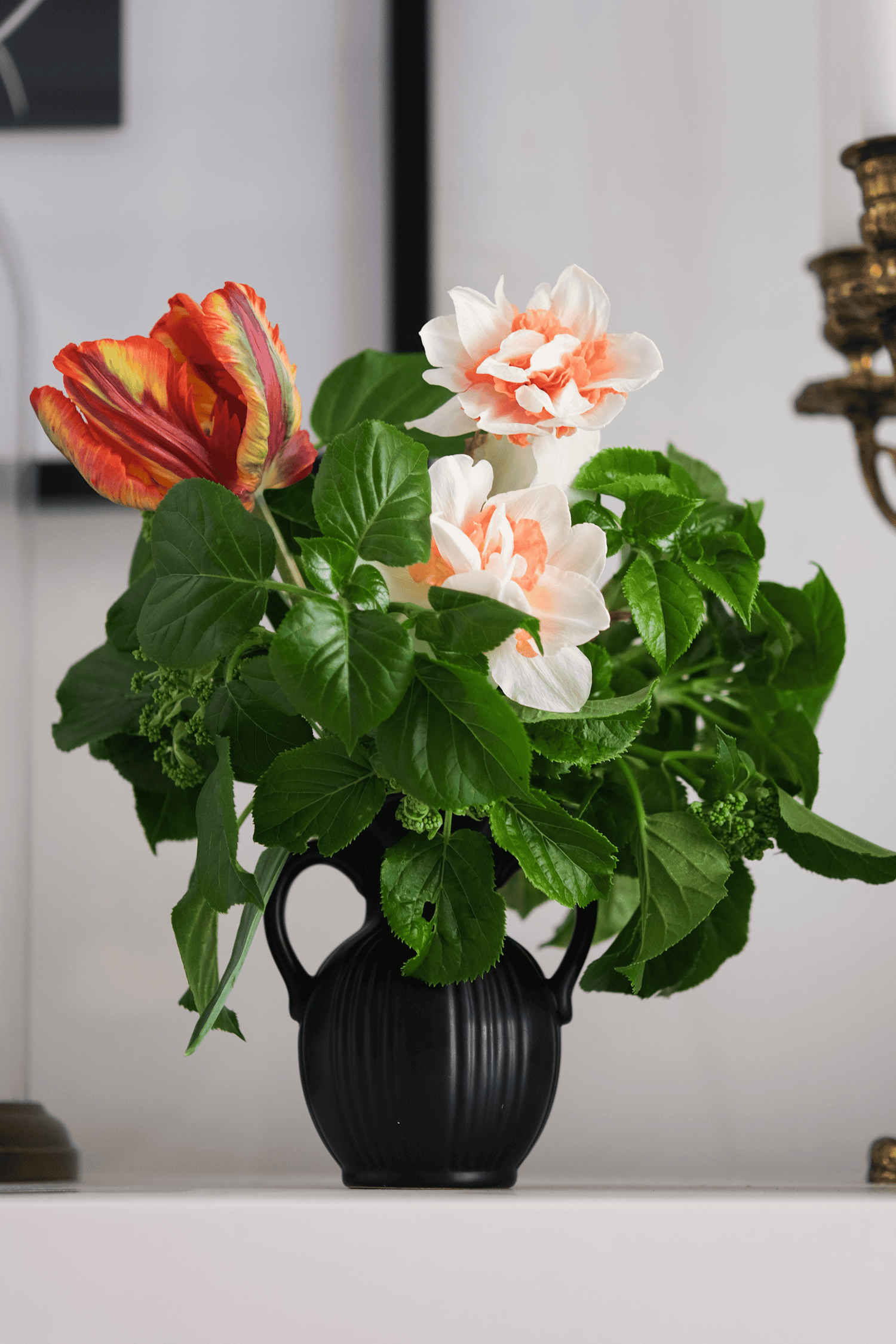 Small flower posey of a rasta tulip, fancy daffodils and climbing hydrangea leaves.