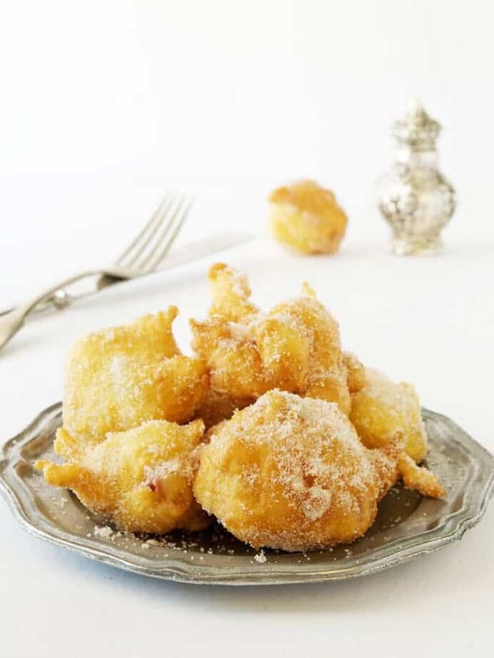Rhubarb fritters on a vintage pewter plate.