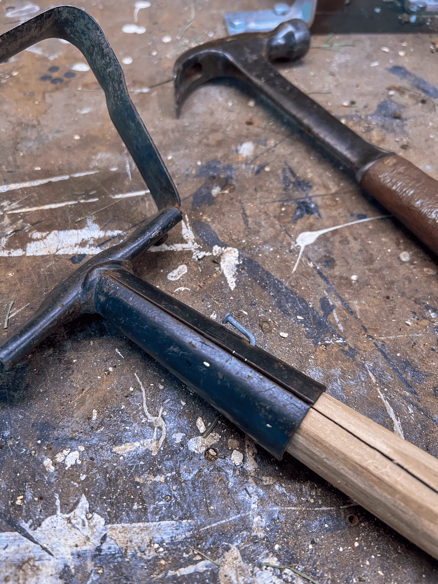 A nail protrudes out and is bent back, from a scuffle hoe.
