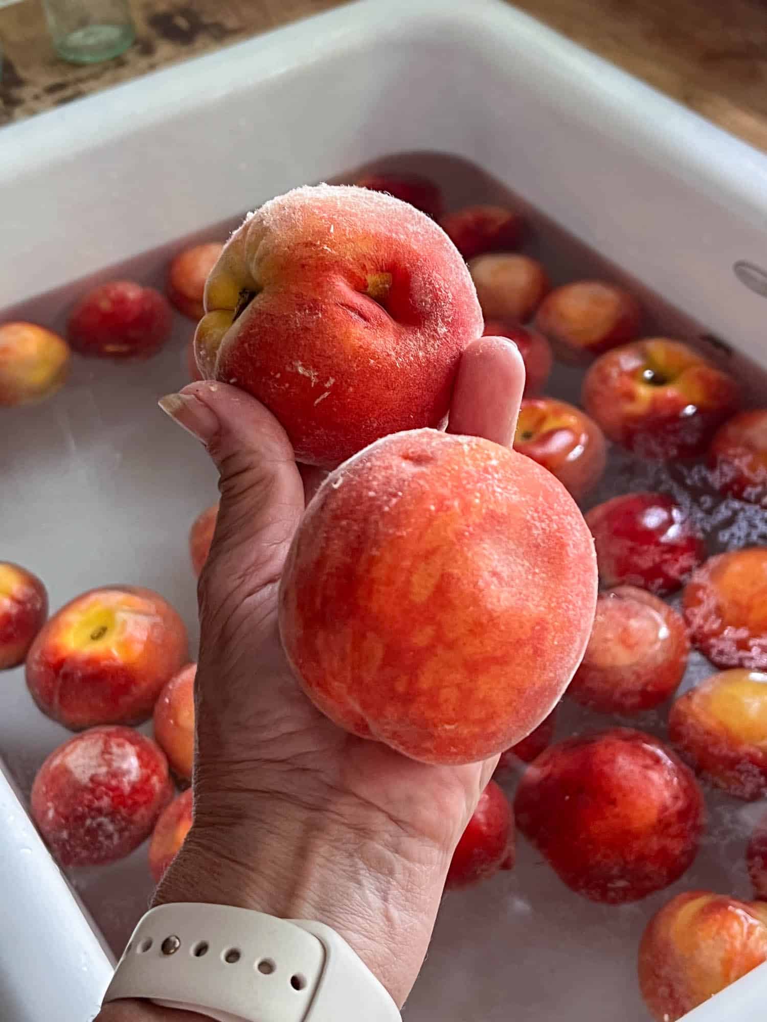 Blemished peaches being held over a sink filled with peaches in water.