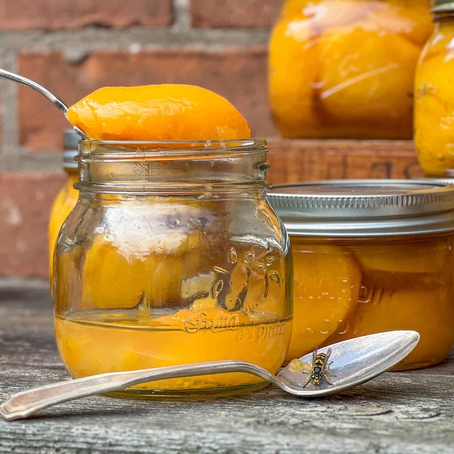 A small mason jar of canned peaches, with a peach slice resting on a spoon that's resting on the top of the mason jar.