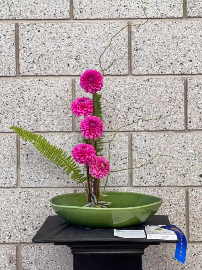 Floral arrangement of hot pink dahlias with fern and branches in a green vessel.