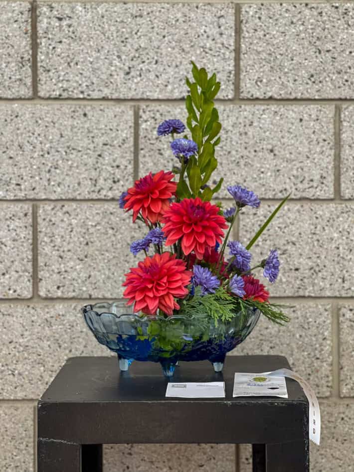Danique dahlias used in a flower arrangement, placed in a translucent blue vessel.