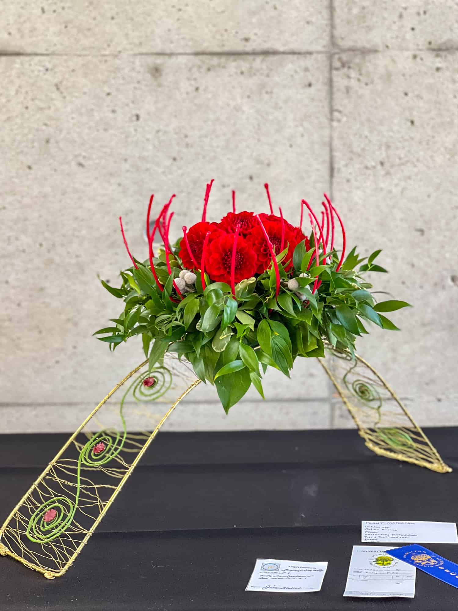 A tight, round group of red dahlias surrounded by a wreath of greenery and red waxed "flames" for floral arrangement for competition