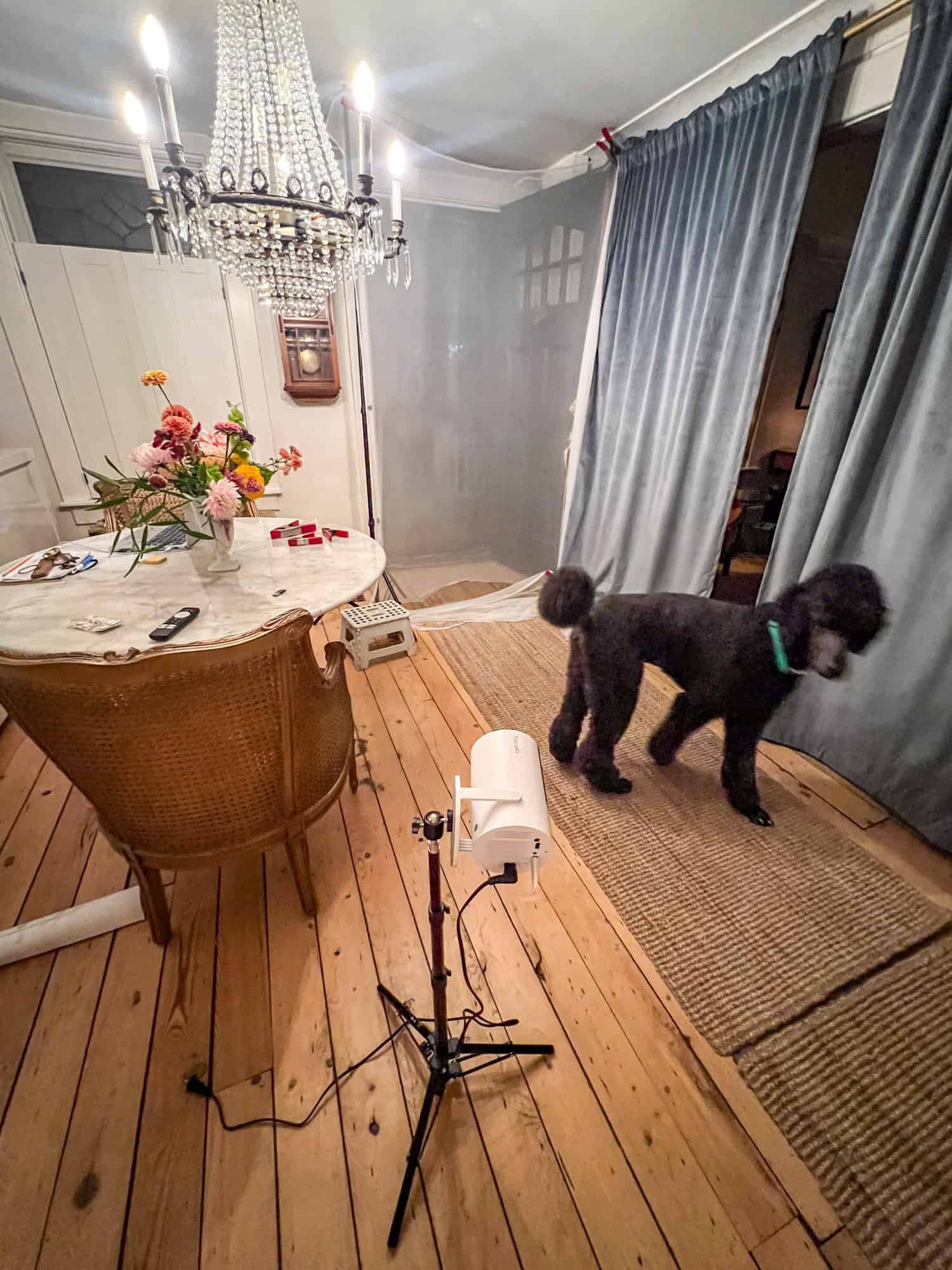 Setup for a window projection using a projector on a small tripod with swivel head, insect netting fabric, light stands and clamps.